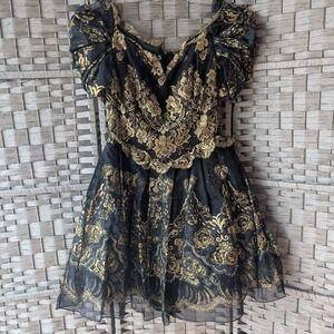 Vtg Zandra Rhodes London Silk Black Gold Brocade‎ Lace Dress Handmade in England